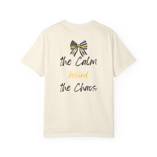 Calm Behind the Chaos – Comfort Colors Thin Gold Line Bow Tee