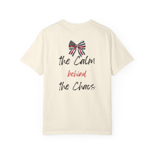 Calm Behind the Chaos – Comfort Colors Thin Red Line Bow Tee