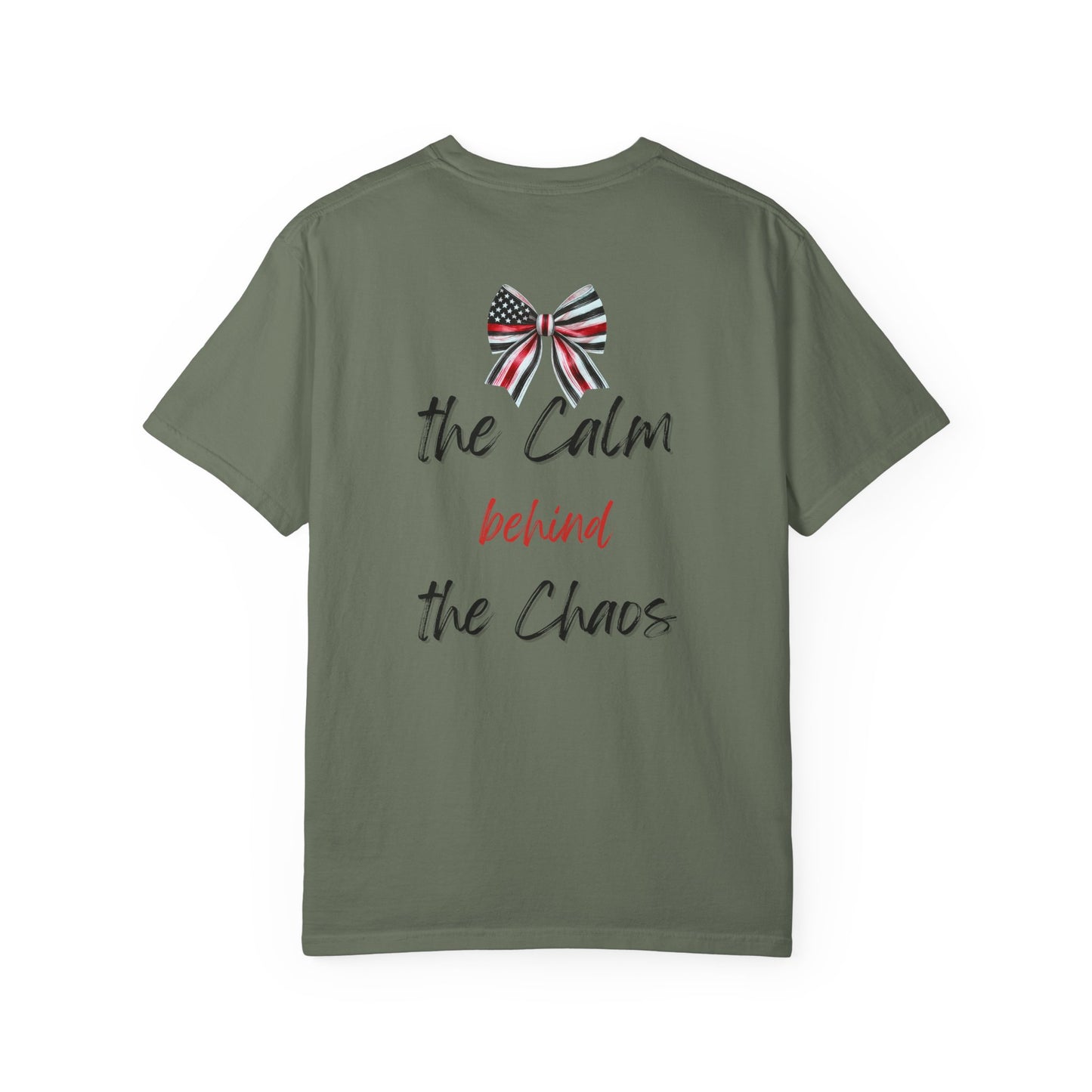 Calm Behind the Chaos – Comfort Colors Thin Red Line Bow Tee