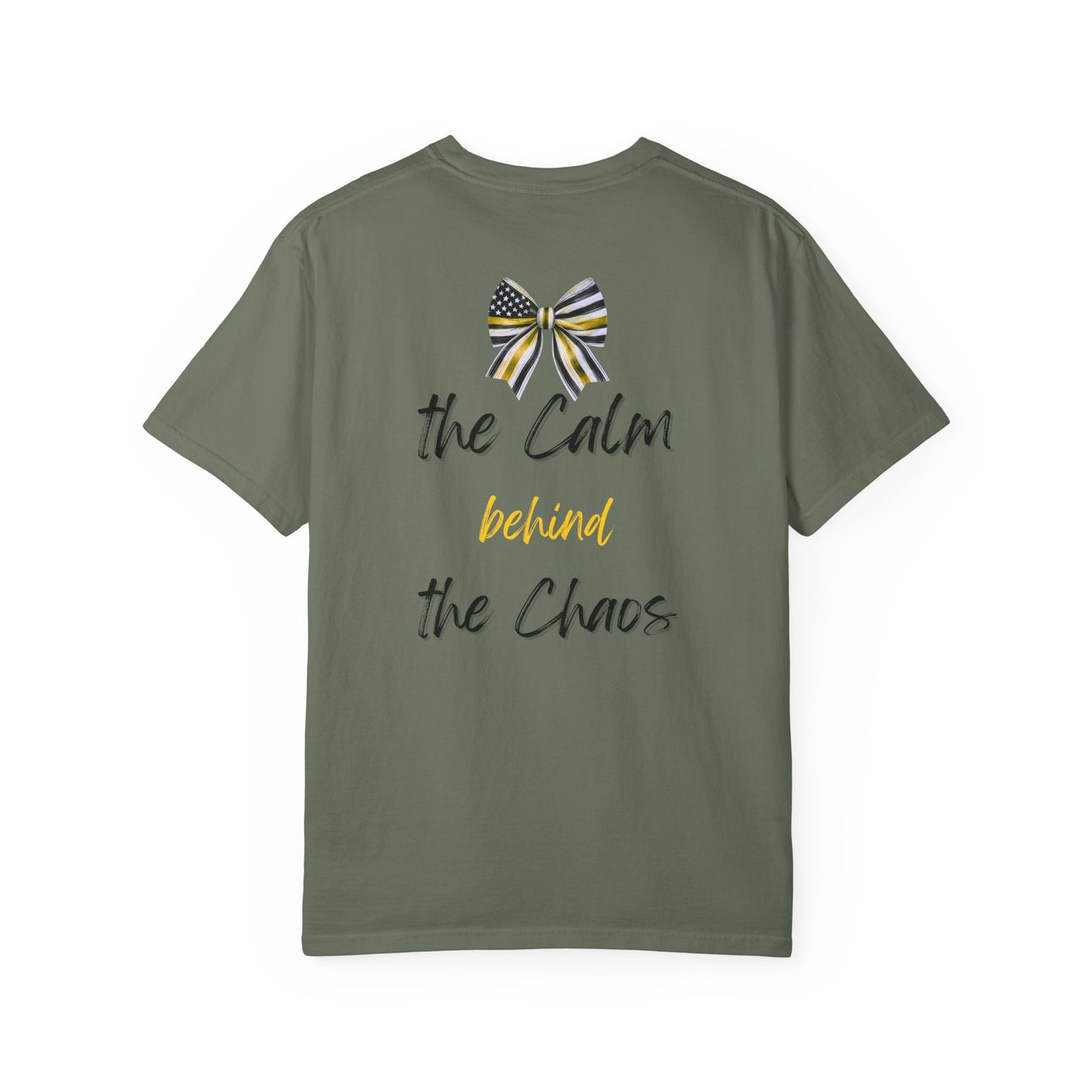 Calm Behind the Chaos – Comfort Colors Thin Gold Line Bow Tee
