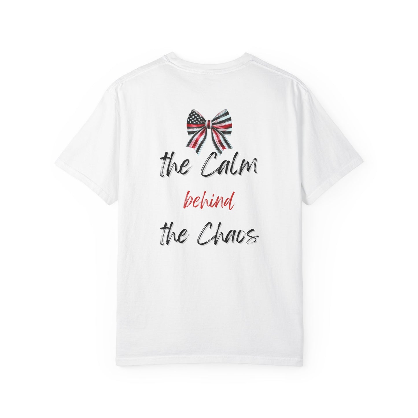 Calm Behind the Chaos – Comfort Colors Thin Red Line Bow Tee