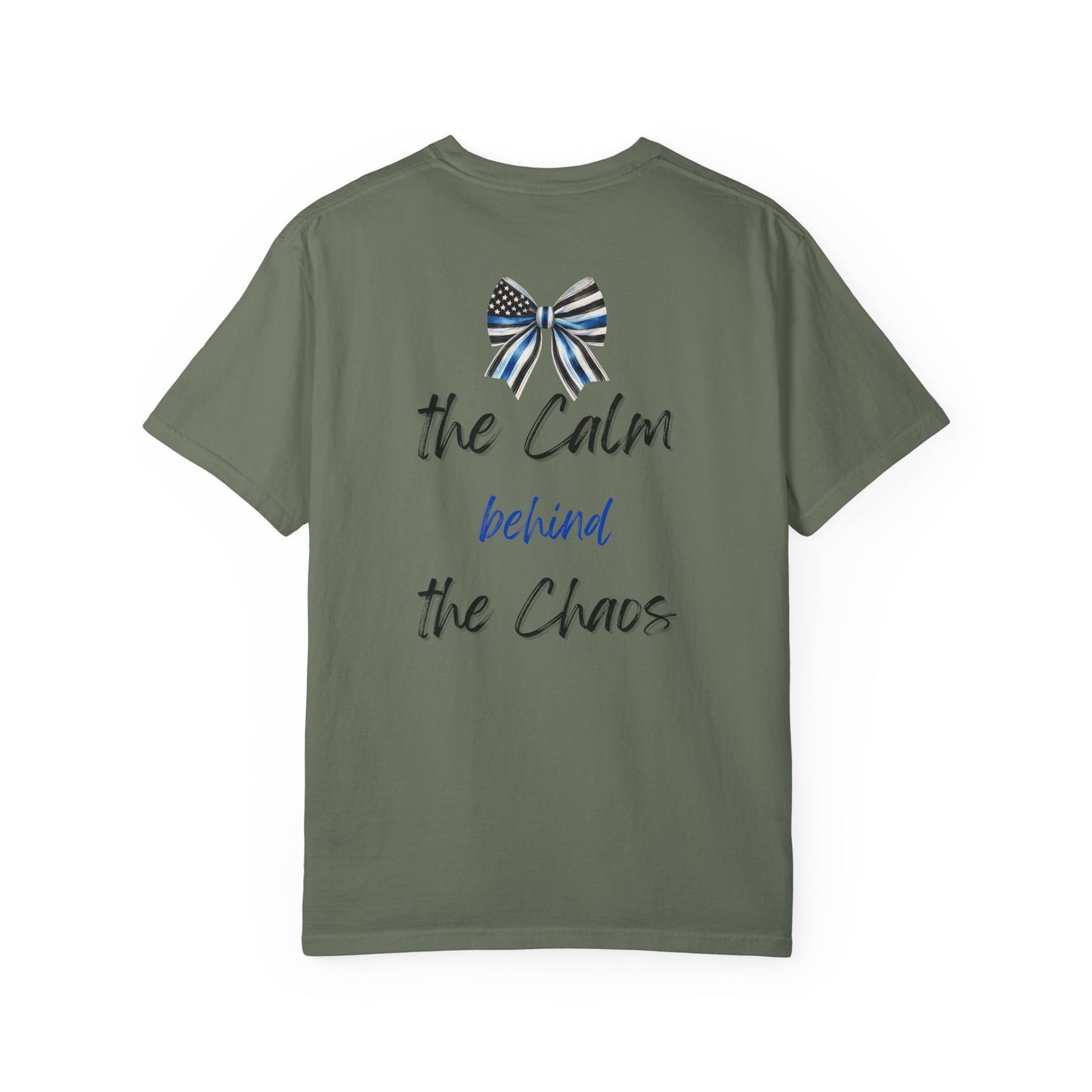 Calm Behind the Chaos – Comfort Colors Thin Blue Line Bow Tee